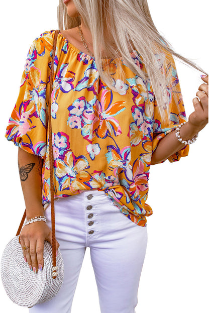 Yellow Floral Print Elastic Neckline Blouse