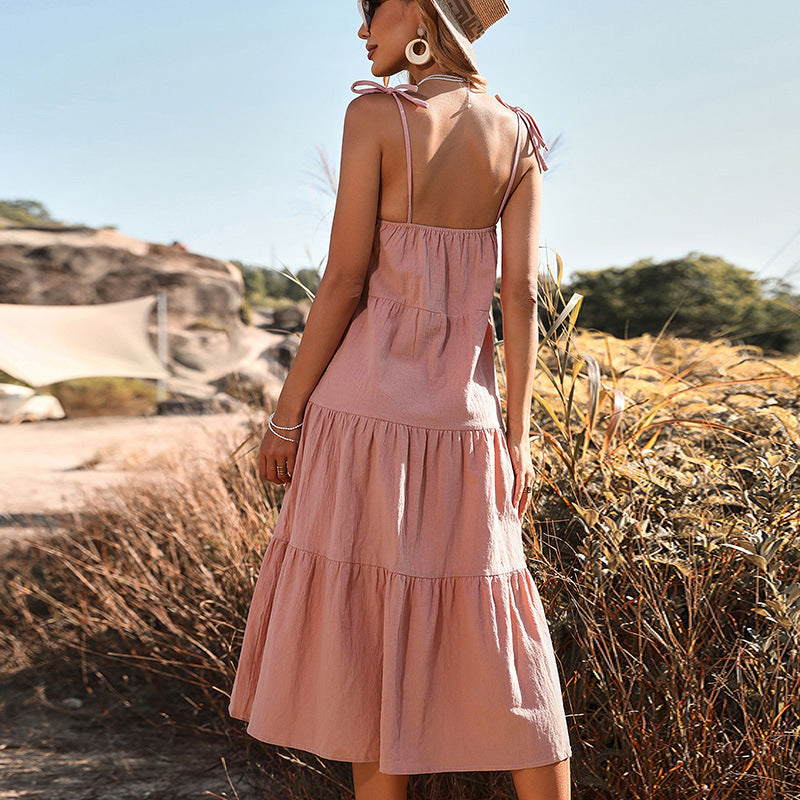 Vestido de verano de algodón y lino de color liso para mujer, nuevo estilo europeo y americano