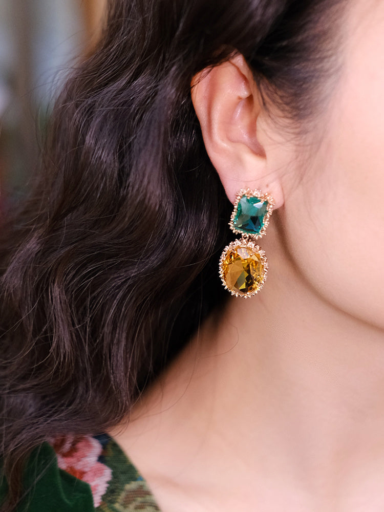 Boucles d'oreilles de luxe légères en argent et citrine verte avec pierres précieuses