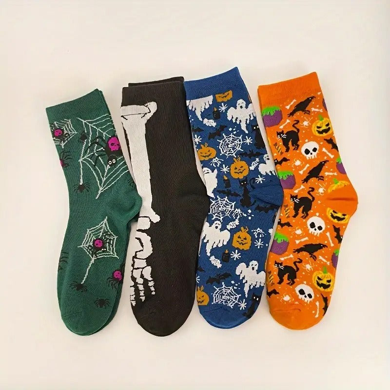 Calcetines divertidos de Halloween para mujeres y hombres, calcetines de vestir de esqueleto para adultos, calcetines de tripulación con calavera y telaraña, regalo novedoso de Halloween