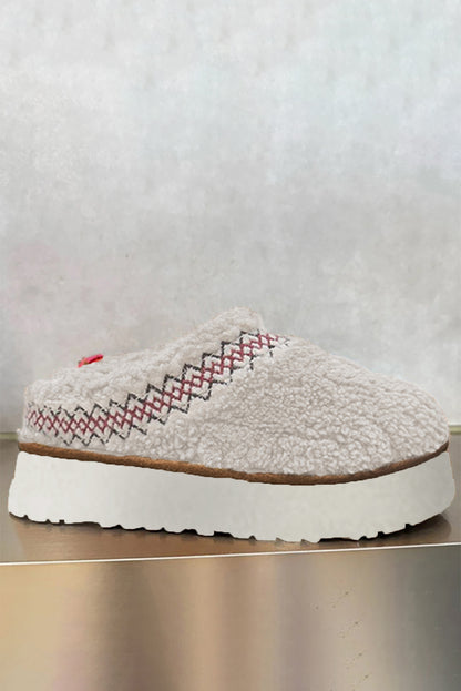 White Embroidered Sherpa Plush Thick Sole Winter Slippers