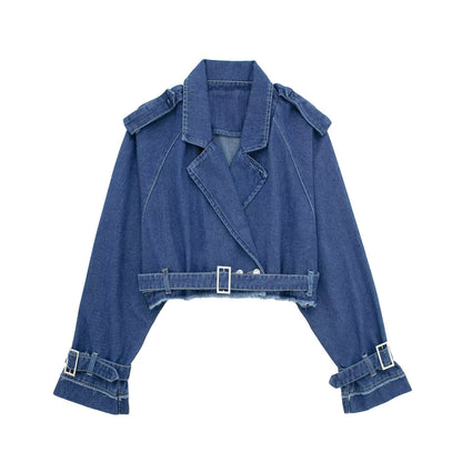 Denim Wind-breaker Slim-fitting Blouse French Style With Belt Coat