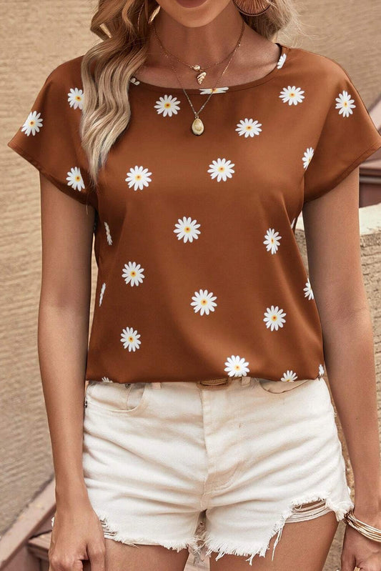 Blusa con manga de murciélago y estampado de margaritas de verano en color castaño