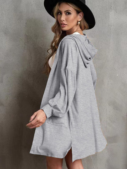 Pocketed Slit Open Front Hooded Cardigan