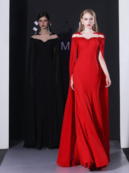 Vestido de noche para mujer, vestido elegante con capa roja para banquete