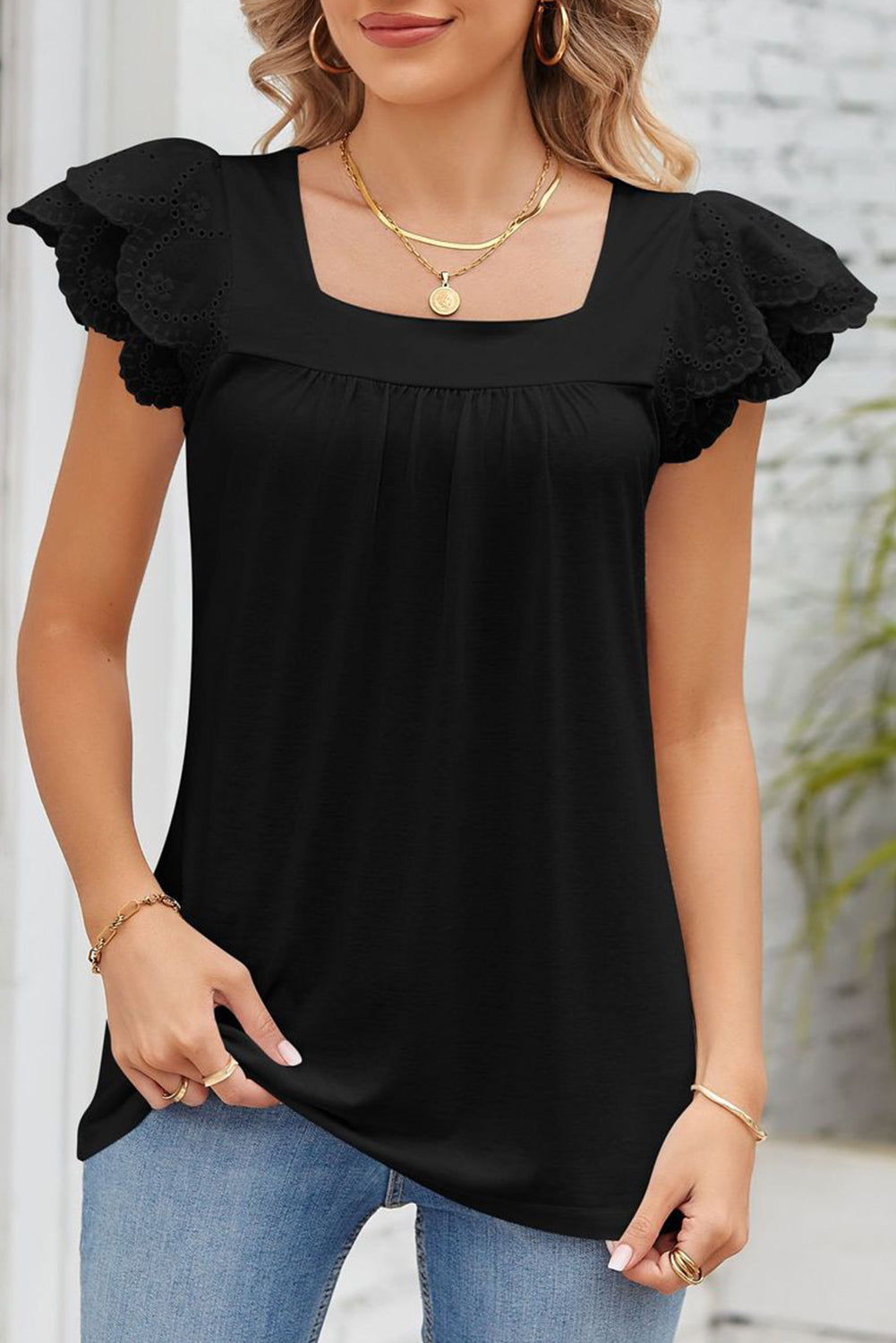 Black Eyelet Ruffle Sleeve Square Neck Blouse