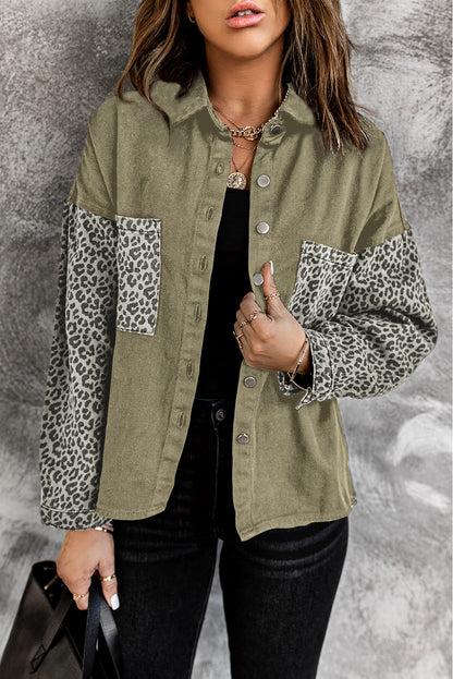 Black Contrast Leopard Denim Jacket