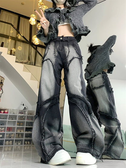 F Straight Loose-fitting Tassel Wide Leg Mop Pants Raw Edge