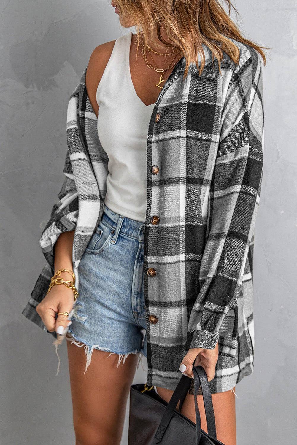 Rose Plaid Print Buttoned Shirt Jacket