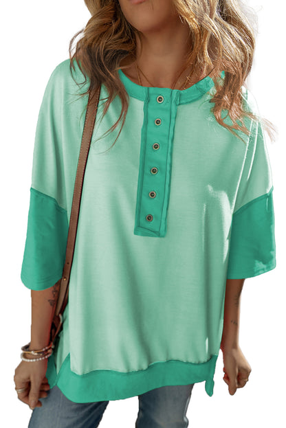 Bright Green Contrast Color Patchwork Oversized Henley T Shirt