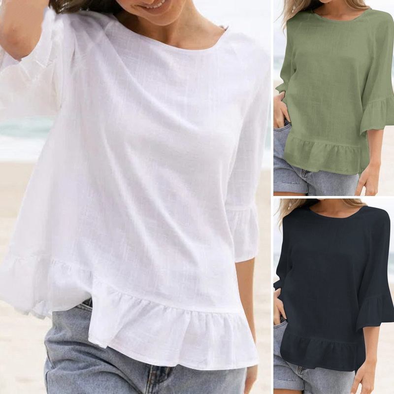 Women's Ruffled Cotton And Linen Style Solid Color T-shirt Casual Beach Blouse