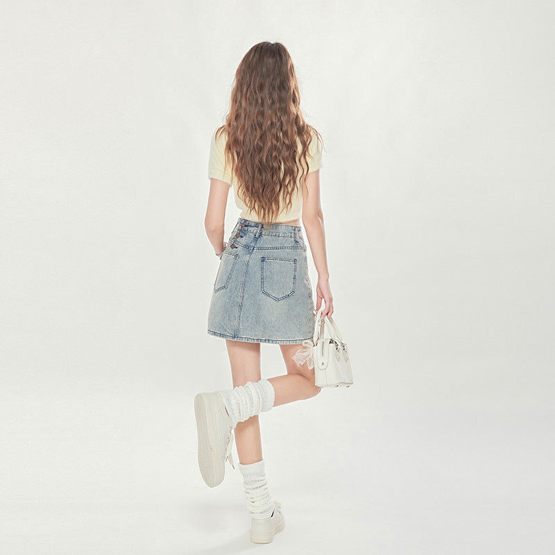 Summer High Waist New Three Breasted Denim Skirt Women