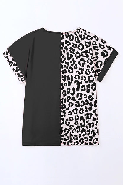 Camiseta casual con estampado de leopardo y manga remangada en bloque de color negra