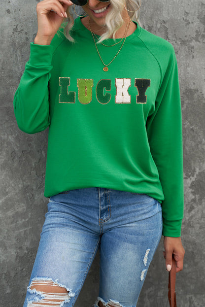 Green St Patricks LUCKY Chenille Letter Graphic Sweatshirt