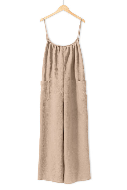 Apricot Spaghetti Straps Waist Tie Pocketed Wide Leg Jumpsuit