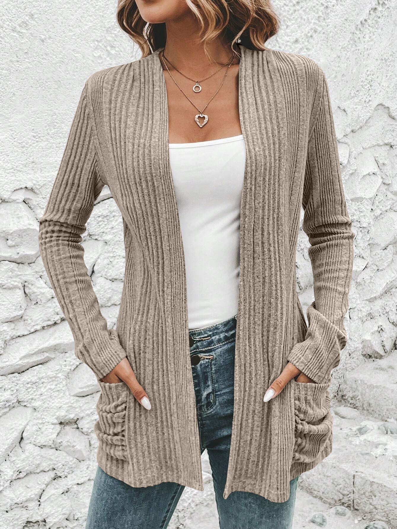 Autumn And Winter New Long Sleeve Solid Color Mid-length Knitted Cardigan Pocket Coat Sweater Women