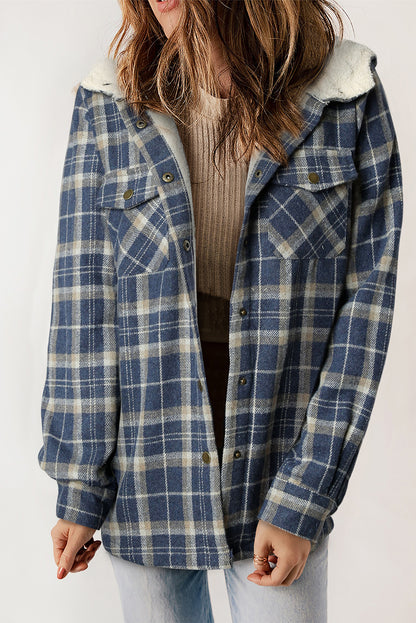 Plaid Pattern Sherpa Lined Hooded Shacket