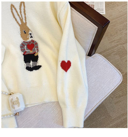 Cute Youth-looking Pullover Cartoon Rabbit Jacquard Long-sleeved Sweater