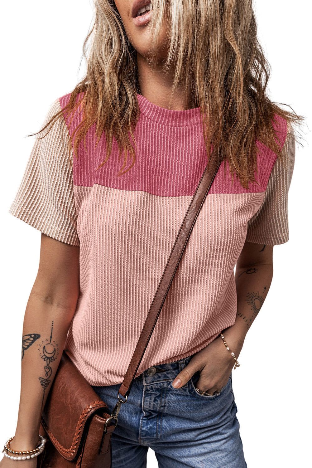 Pink Rib Textured Colorblock T Shirt