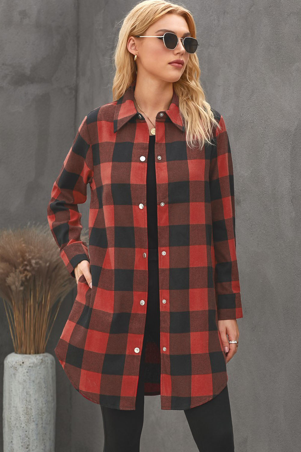 Green Turn-down Collar Plaid Shirt Coat