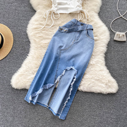 Women's Fashion Pleated Tie Crossbody Vest Irregular Raw Hem Denim Skirt Two-piece Set