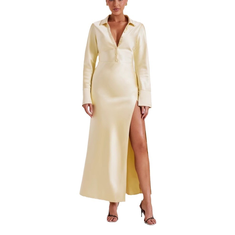 Women's Satin Dress Long Sleeve Split