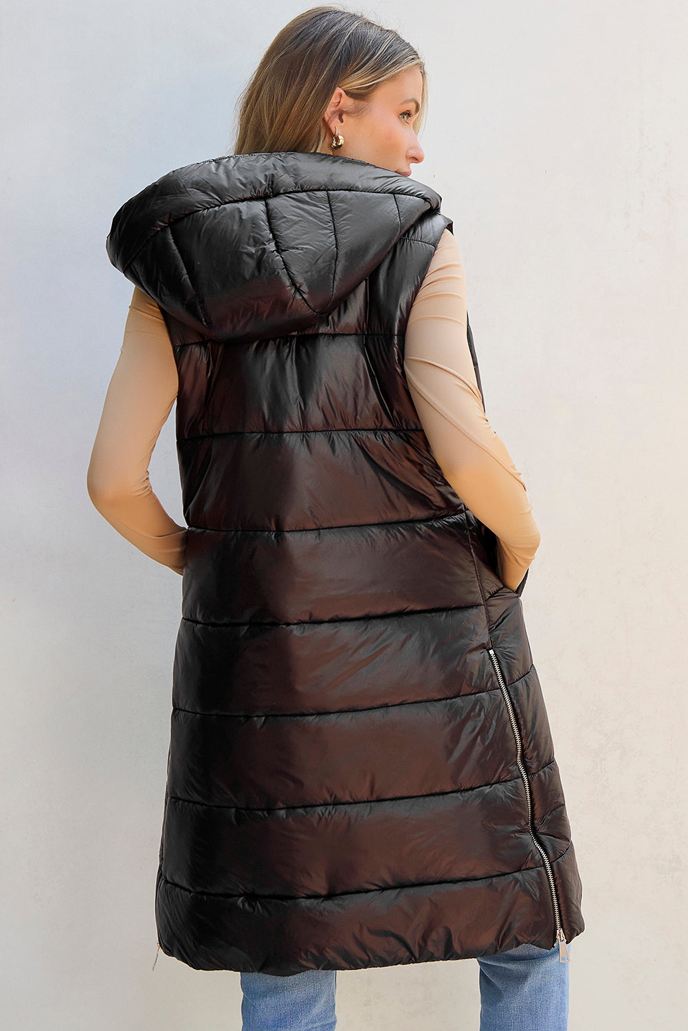 Manteau gilet matelassé long à capuche noir