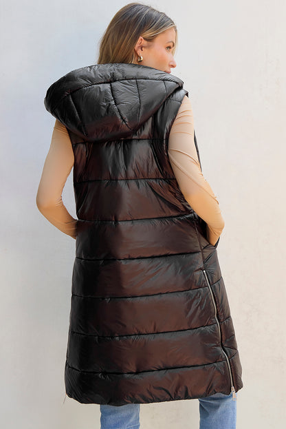 Manteau gilet matelassé long à capuche noir