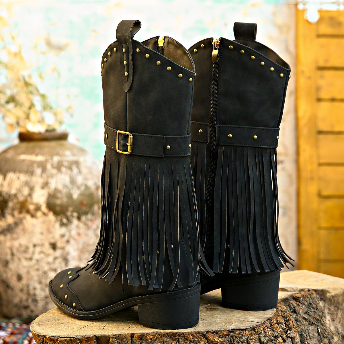 Bottes cloutées à talons blocs et franges