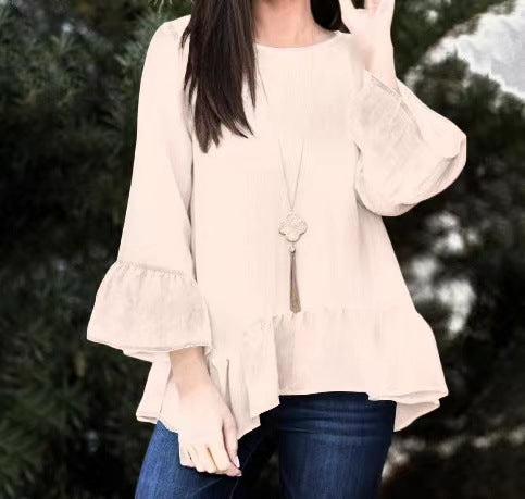 Women's Ruffled Cotton And Linen Style Solid Color T-shirt Casual Beach Blouse