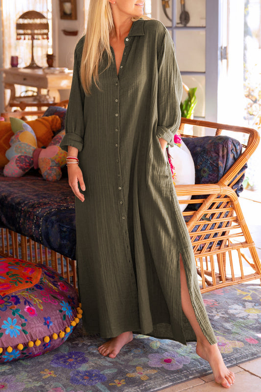 Green Crinkle Button Up Casual Split Shirt Maxi Dress