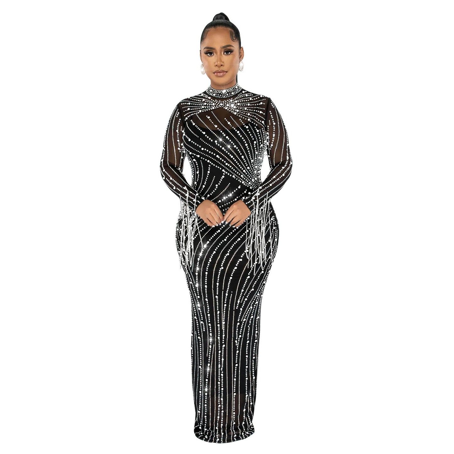 Women's Mesh Rhinestone Long Dress