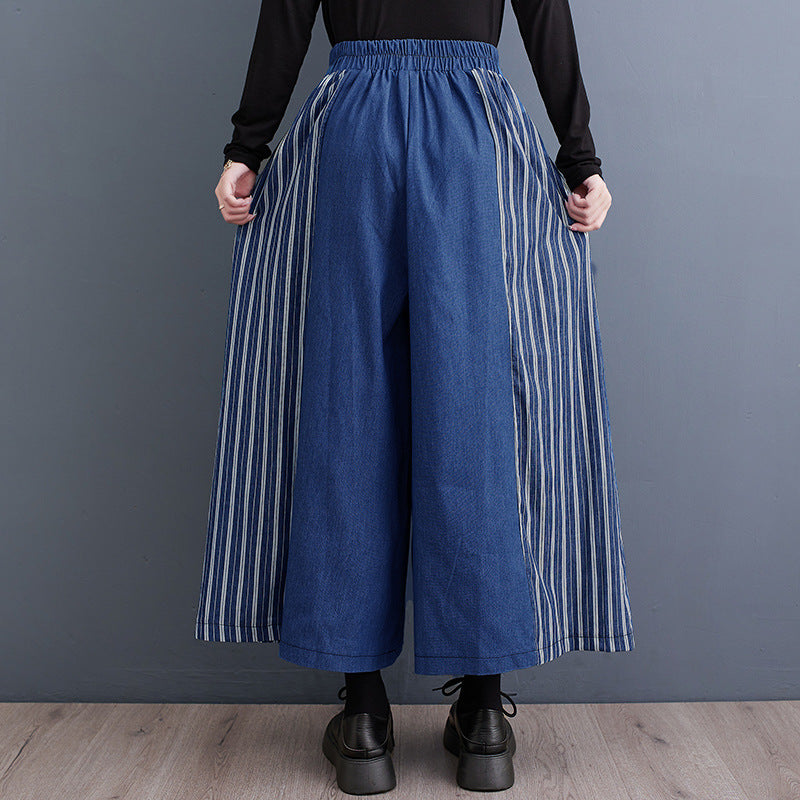 Pantalon en Denim à rayures, vêtements d'automne, décontracté, Patchwork, jambes larges, à la mode