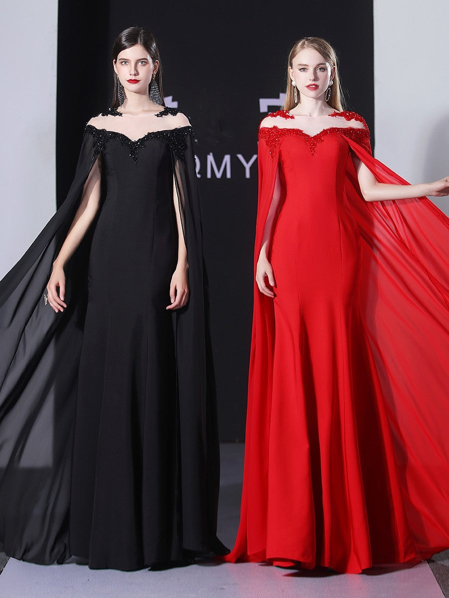 Vestido de noche para mujer, vestido elegante con capa roja para banquete