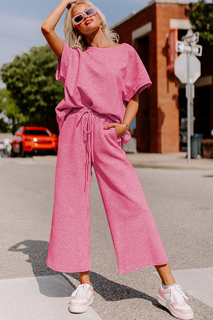 Strawberry Pink Textured Loose Fit T Shirt & Drawstring Pants Set