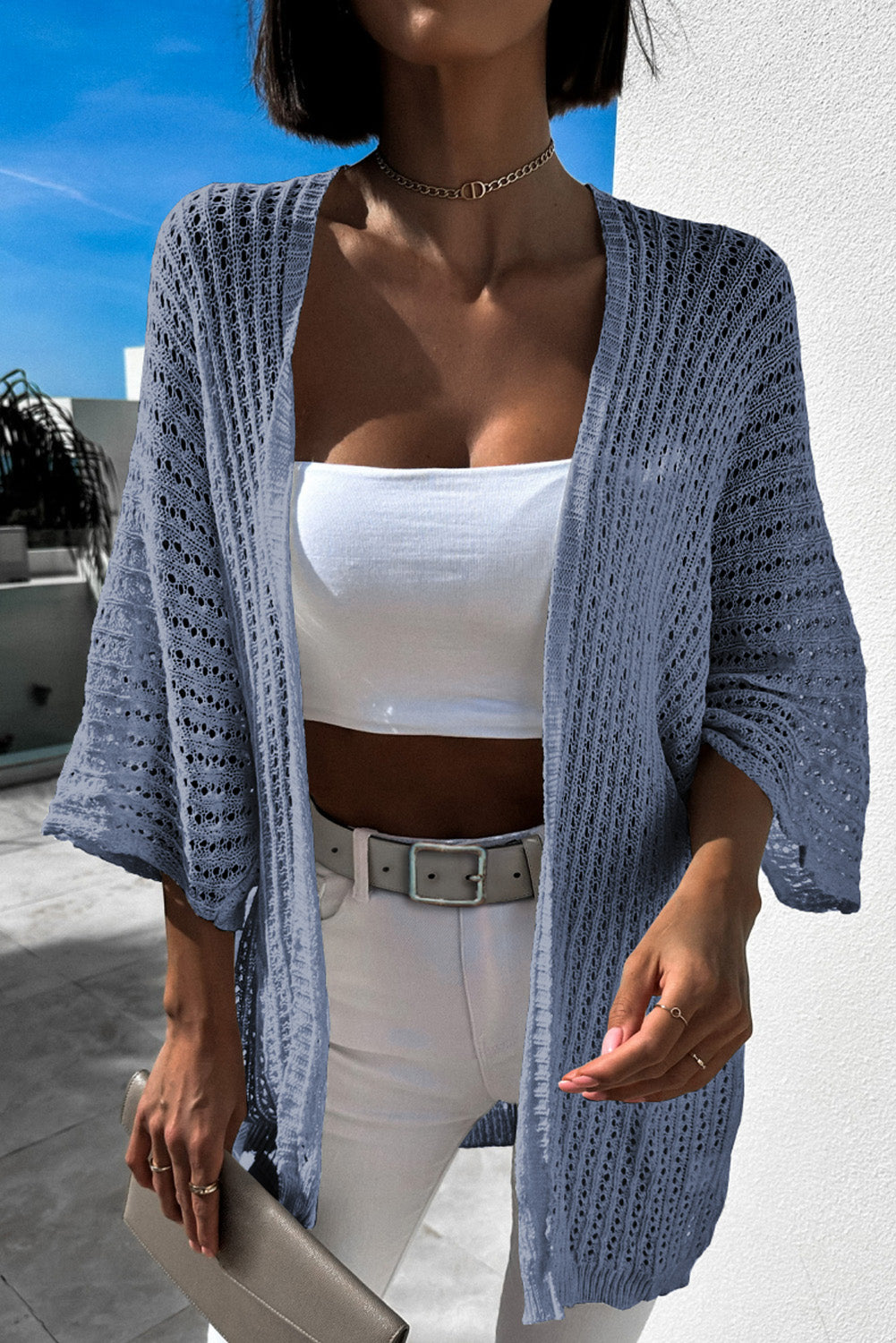 Cardigan léger kimono en tricot ajouré bleu ciel