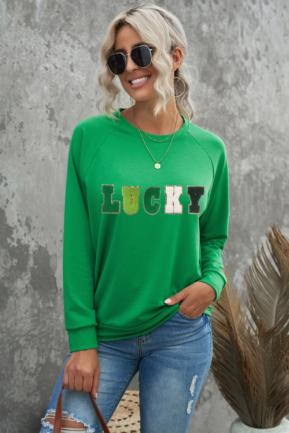 Green St Patricks LUCKY Chenille Letter Graphic Sweatshirt