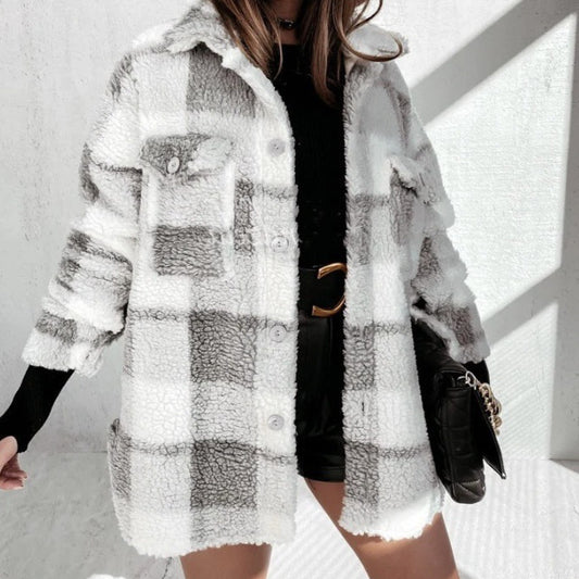 Autumn And Winter Long Sleeve Double Pocket Plaid Furry Coat Women