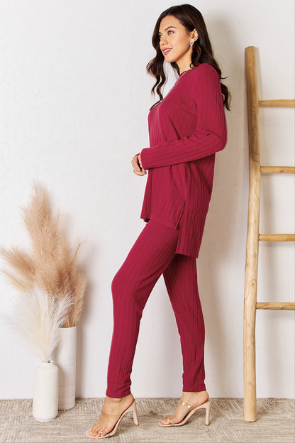 Basic Bae Ensemble haut et pantalon côtelé à col rond et fente haute et basse