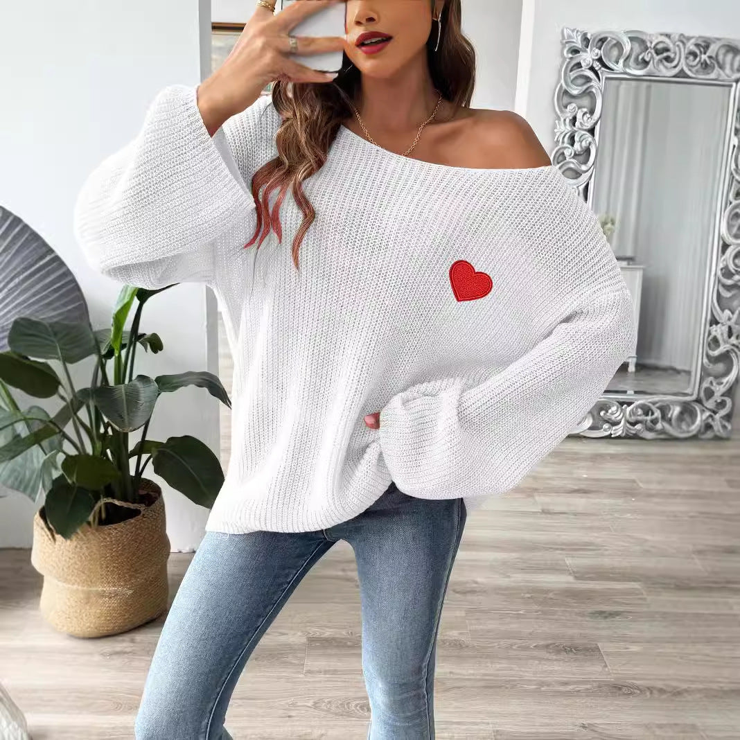 Pull à col rond et manches évasées pour femme avec broderie Love