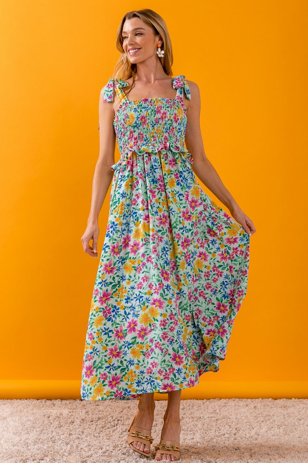 Robe caraco smockée à volants et bordure florale BiBi