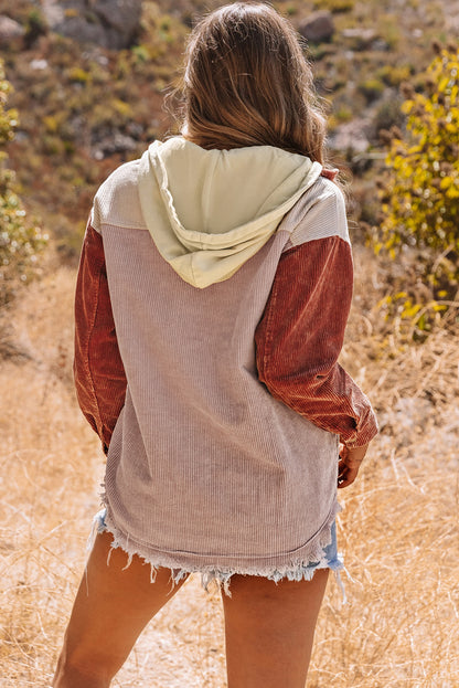 Green Color Block Button Down Hooded Corduroy Jacket