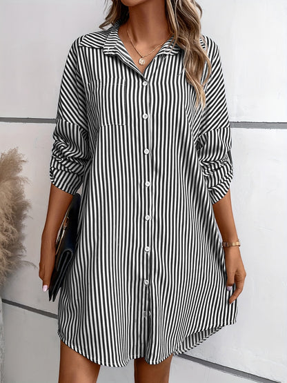 Striped Button Up Long Sleeve Mini Shirt Dress