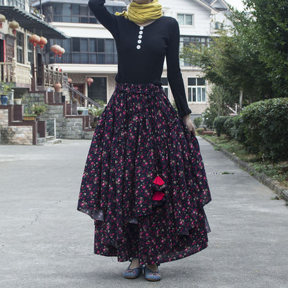 Falda estampada de algodón y lino de mujer de estilo étnico