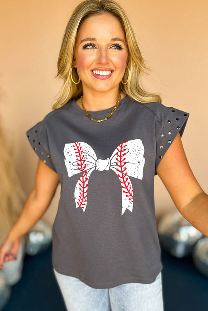 T-shirt à manches cloutées avec nœud papillon de baseball gris foncé