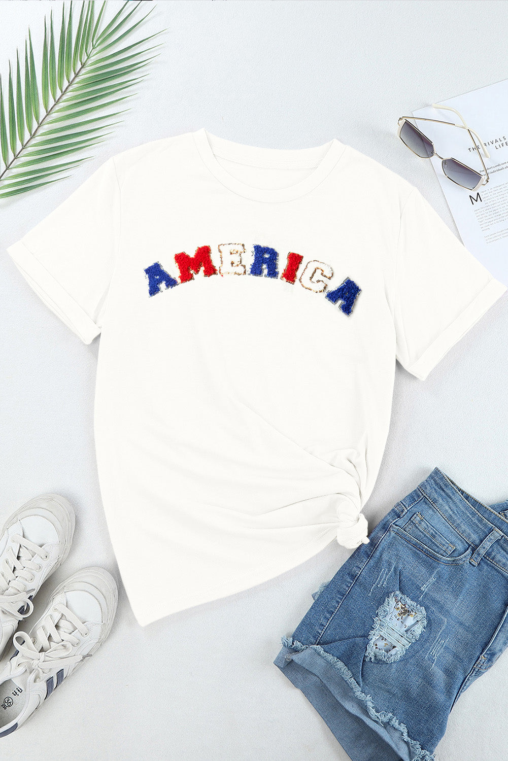 T-shirt à col rond graphique AMERICA en chenille blanc