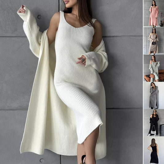 2pcs Knitted Suit Fashion Slim Sleeveless Long Dress And Casual Loose Cardigan Spring Fall Women's Clothing