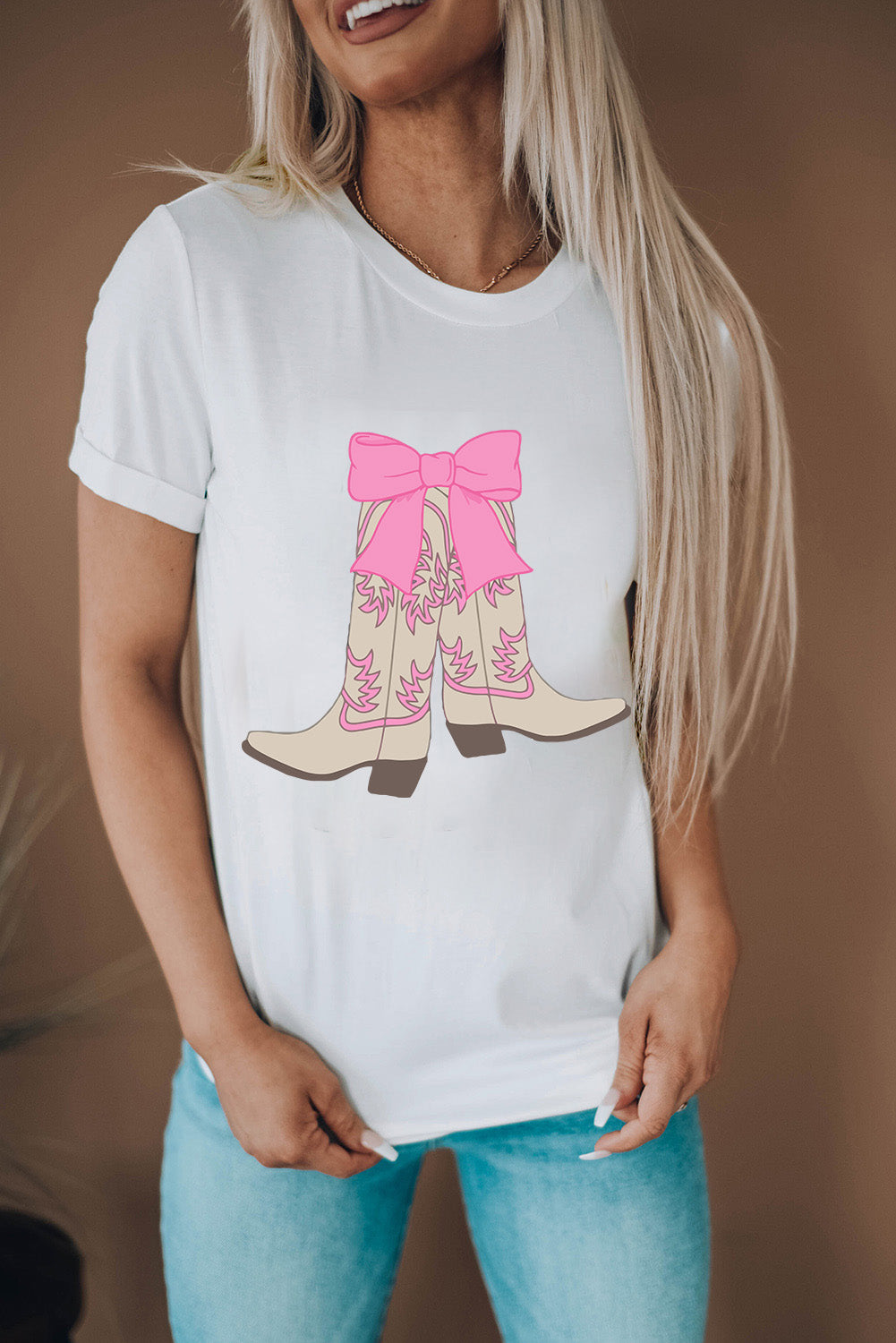 White Casual Boots Bow Graphic Round Neck T Shirt