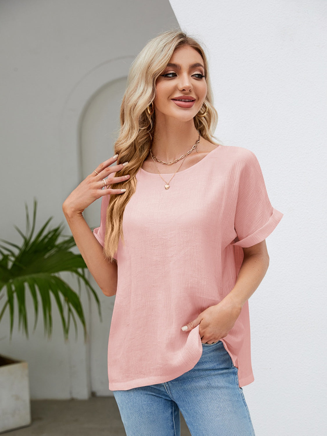 Round Neck Short Sleeve Blouse