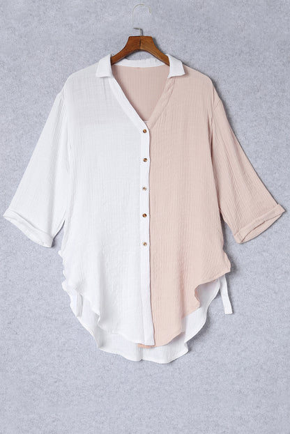 White V Neck Collared Curved Hem Contrast Colorblock Shirt